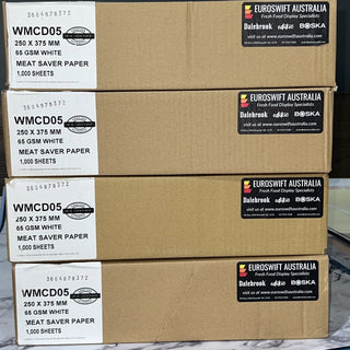 Stack of boxes labeled 'EuroSwift Australia' with meat saver paper on a marble surface.